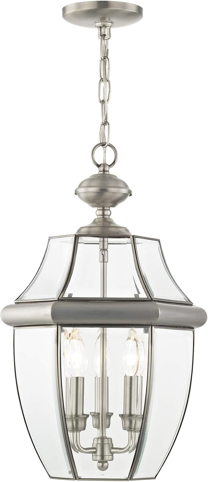 Livex Lighting 2355-91 Monterey 3 Light Outdoor Brushed Nickel Finish Solid Brass Hanging Lantern with Clear Beveled Glass