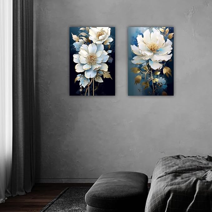 Flower Canvas Wall Art 2 Piece Navy Blue Gold and White Flower Picture Prints Floral Bloom Paintings for Bedroom Living Room Office Decor Framed(Flower,20.00" x 30.00" x 2PCS)