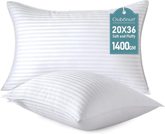 Oubonun King Size Pillows Set of 2 - Fluffy & Supportive Down Alternative Pillows with Zippered Cotton Cover - Breathable and Cool for All Sleeping Positions - Machine Washable - 20"x36"