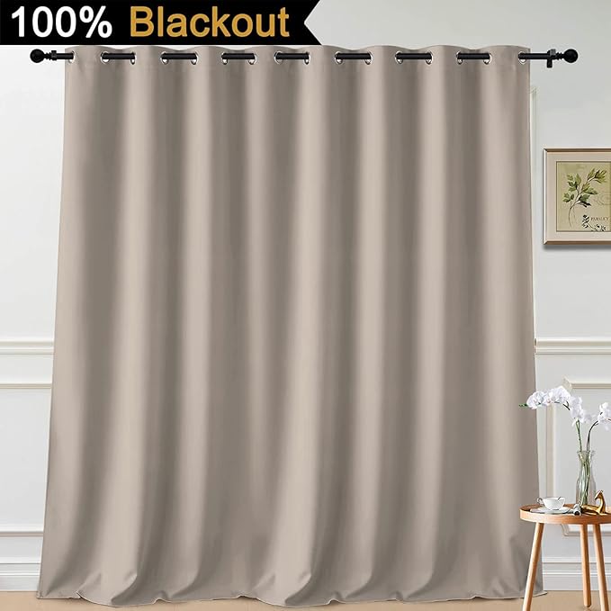 Yakamok Extra Wide 100% Blackout Curtains for Patio Door, Thermal Backing Sliding Glass Door Drape, Privacy Assured Window Treatment for Sliding Door Curtains, Natural, W100 x L108, 1 Panel