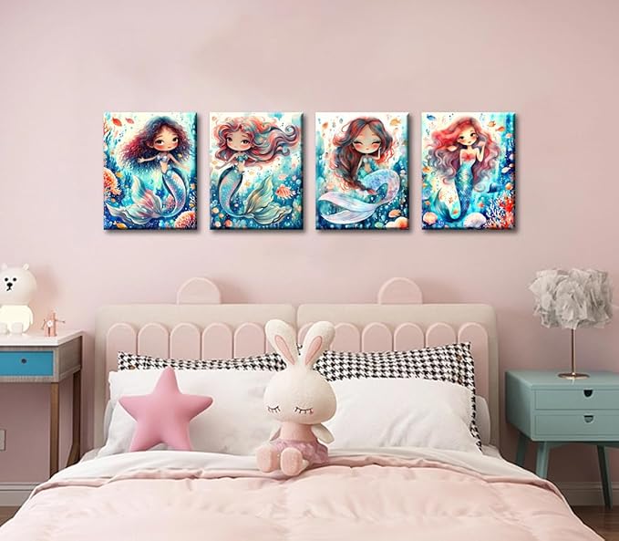 Framed Mermaid Bathroom Wall Art, Mermaid Canvas Prints, Set of 4 (8"x10")