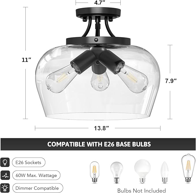 VONLUCE Semi Flush Mount Ceiling Light, 13.8" Ceiling Light Fixture with Clear Glass Shade, E26 Base, 3-Bulb Industrial Lighting Fixture for Dining Room Hallway Entryway Bedroom, Matte Black