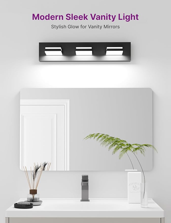 Modern Bathroom Light Fixture Over Mirror, 22" 3-Light Bathroom Vanity Light with Rotatable Heads, Adjustable 3000K/ 4000K/ 5000K, Hardwired, Energy-Efficient LED Vanity Lighting Fixture, Black
