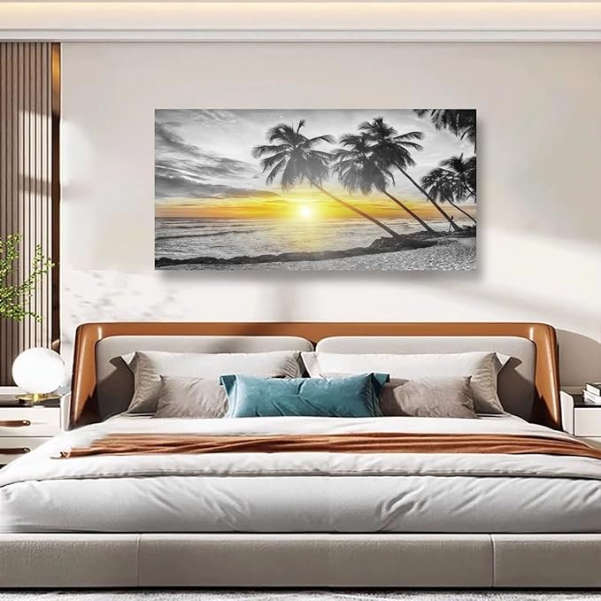 Beach Wall Art Bedroom Wall Decor Living Room,Ocean Canvas Wall Art Office Farmhouse Paintings Artwork Modern Golden Sunshine Black and White Sea Wall Art Prints Pictures 20 * 40inch