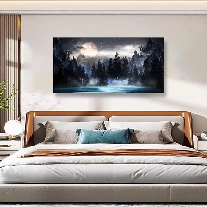 Mountain Moon Pictures Canvas Wall Art for Living room Office Bedroom Wall Decor,Moon Wall Art Print Paintings Modern Forest Nature Blue Lake Artwork Waterproof Ready to Hang-24X48 inch