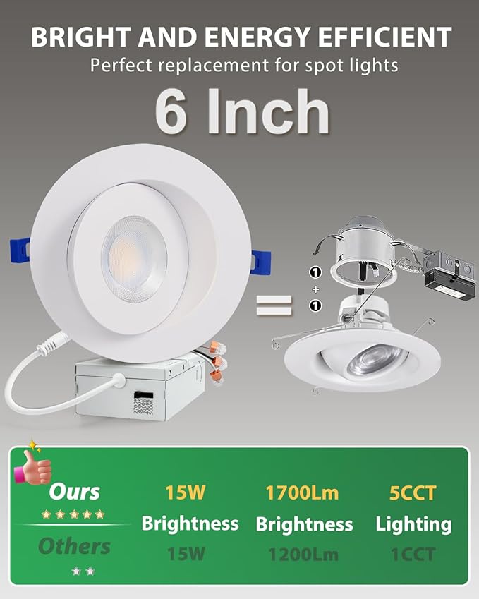 zouzai 5CCT LED Gimbal Led Recessed Light with Junction Box, 360°+90° Adjustable Directional Eyeball Lighting, Dimmable, 2700K/3000K/3500K/4000K/5000K,ETL&Energy Star (6 inch, White 12 Pack)