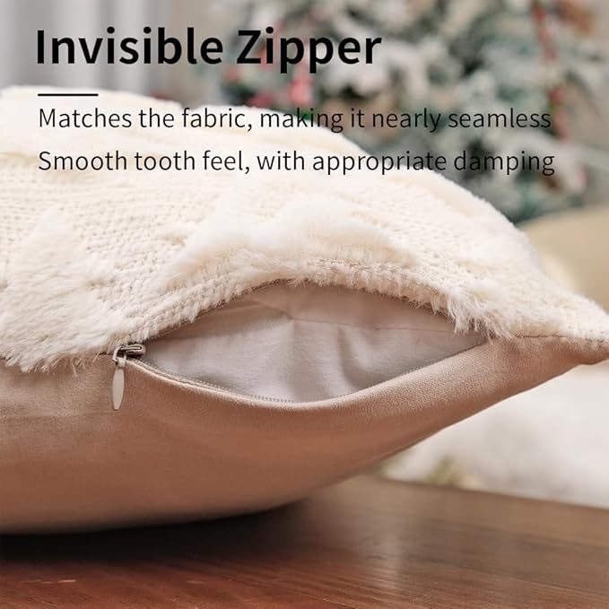 GEEORY Christmas Tree Throw Pillow Covers 20x20 Inch Set of 2, Xmas Winter Soft Plush Faux Fur Wool Decorative Farmhouse Holiday Cushion Case for Home Decoration (Beige) GC004-20