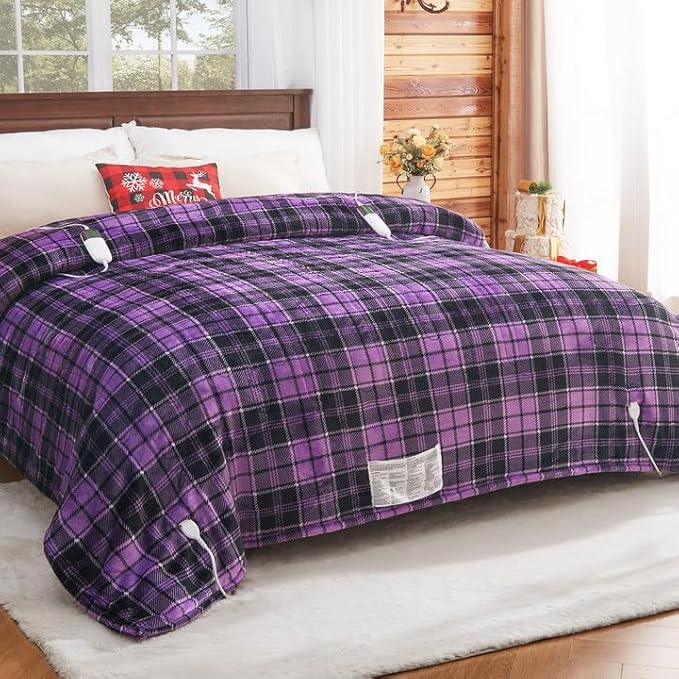 Heated Electric Blanket Queen Size, 84X90 Heating Blanket Queen with Dual Control&10 Heats Levels&Timer for Bed,Purple Plaid Sherpa Soft Blankets Warmer Gift for Grandma Women Adults, Washable,ETL
