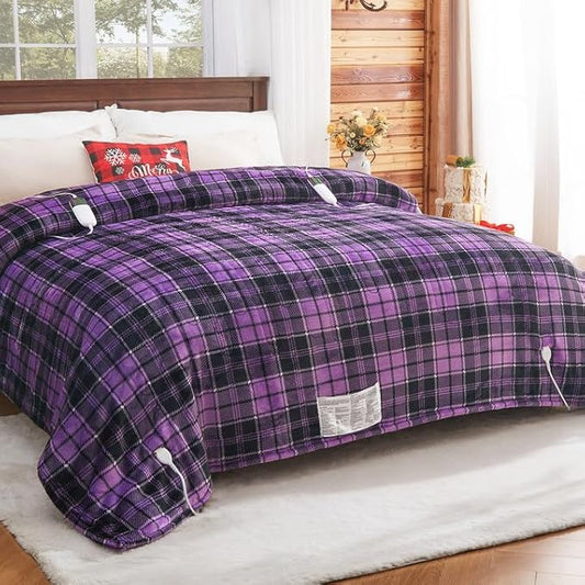 Heated Electric Blanket Queen Size, 84X90 Heating Blanket Queen with Dual Control&10 Heats Levels&Timer for Bed,Purple Plaid Sherpa Soft Blankets Warmer Gift for Grandma Women Adults, Washable,ETL