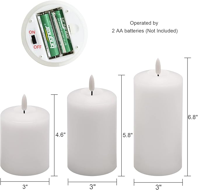 Eldnacele 3D Wick Flameless Pillar LED Candles with Remote Timer, Battery Operated 3 Pack White Real Wax Candle Set Realistic Flickering Flame Party Wedding Home Decoration
