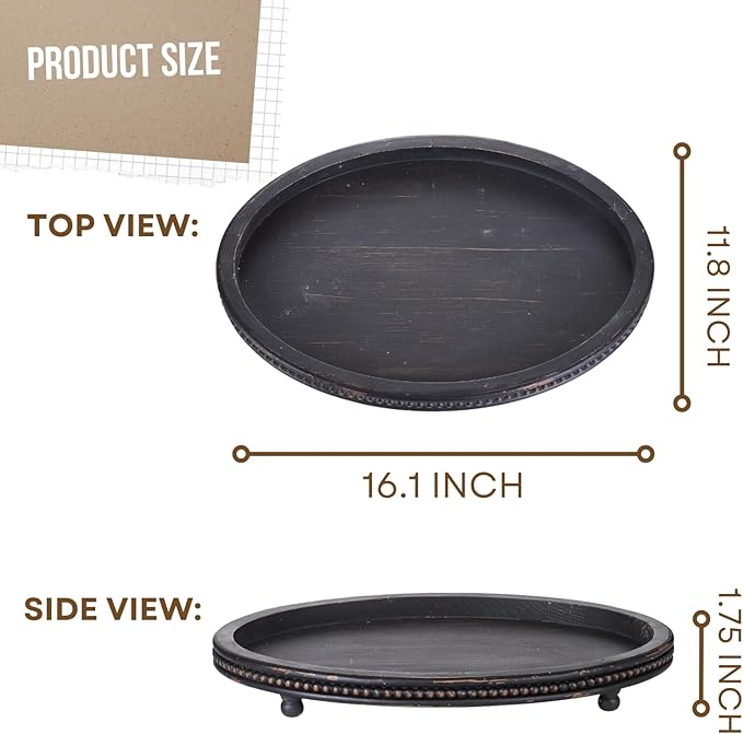 Oval Trays, Wooden Decorative Trays for Coffee Table, Small Beaded Decor in Black