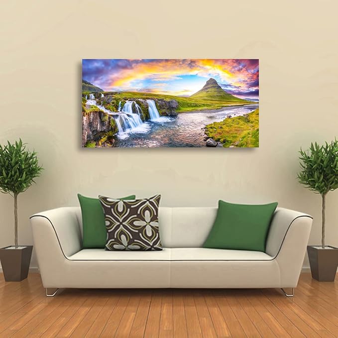Waterfall Hill Pictures Canvas Wall Art For Living Room Bedroom Wall Decor,Hill Wall Art Print Paitnings for Home Decor,Morden Artwork Cloud Rainbow Canvas Art Waterproof Ready to Hang-20X40Inches