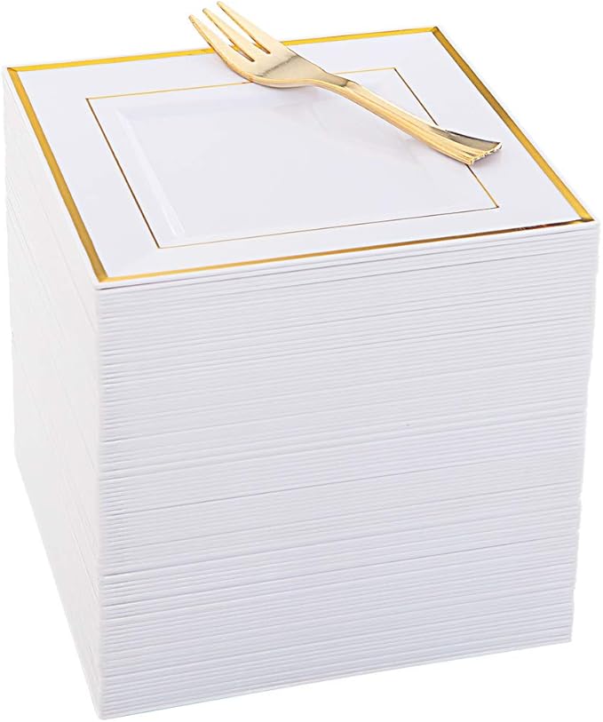 WDF 200PCS Gold Plastic Dessert Plates with Plastic Forks -6” 100 Square Disposable Appetizer Plates Small Plate Cake Plate &100 Gold Small Appetizer Forks for Daily Using Thanksgiving