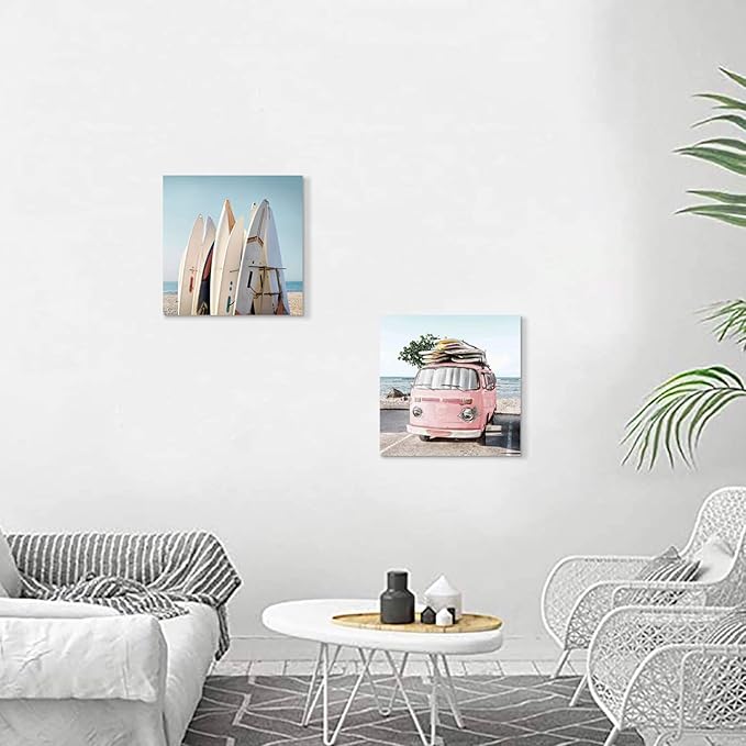 Beach Picture Coastal Wall Art: Surfboard & Pink Car Painting Ocean Wall Art on Canvas for Bedroom (16” x 16” x 2 Panels)