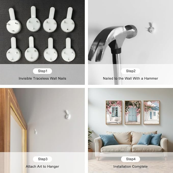 HOURIA Greek Island Street Framed Canvas Wall Art Set,Santorini Blue Doors Shutters Wall Decor,Coastal White House Pink Flower Artwork,European Cityscape Art Prints for Living Room, Bedroom-24 x36 x3