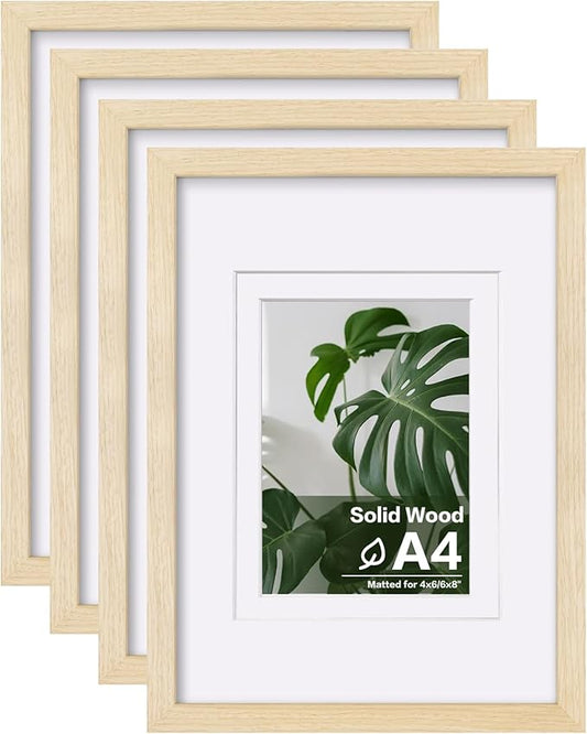 Egofine A4 Picture Frames Set of 4, Made of Solid Wood Covered by Plexiglass 4x6 and 6x8 with Mat or A4 without Mat, for Table Top Display and Wall Mounting Photo Frame Oak Wood