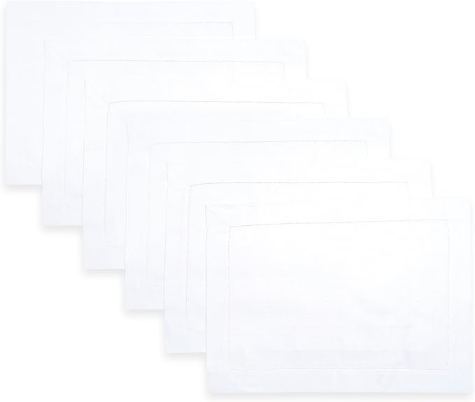 D'Moksha Homes White Linen Placemats Set of 6 - Classic Hemstitch Placemats 14 x 19 Inch - 100% Pure Linen Table Mats for Fall, Autumn and Halloween - Handcrafted and Machine Washable