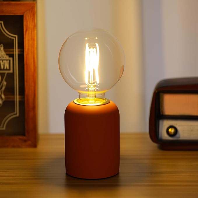 Mini Modern Orange Red Concrete Bedside Table Lamp, 3.5 x 3.5 x 8.5 Inch Nightstand Lamps, with Spherical Bulb Round Side Table Lamp for Bedroom Living Room Entryway Table Lamps