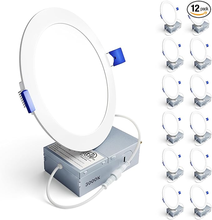 Ensenior 12 Pack 6 Inch LED Recessed Ceiling Light, Dimmable, 3000K Warm White, 1050LM 12W 120V, High Brightness Canless Wafer Downlight - ETL&FCC&IC