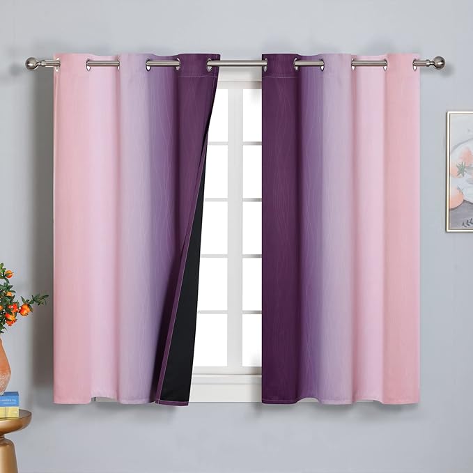 Estelar Textiler Pink and Purple Blackout Curtains 54 Inch Length, Light Blocking Gradient Drapes for Kitchen, Room Darkening Thermal Insulated Grommet Ombre Curtains for Bathroom,42Wx54L,2 Panels