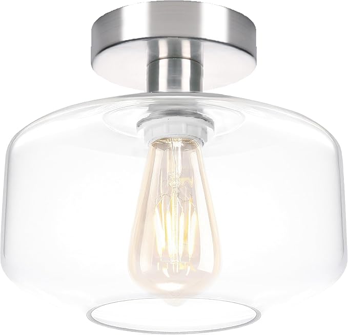 Semi Flush Mount Ceiling Lights, Industrial Ceiling Light, Glass Pendant Lamp Shade,12'' Inches Pendant Light Fixtures for Hallway, Entryway, Farmhouse, Kitchen (Sand Nickel)