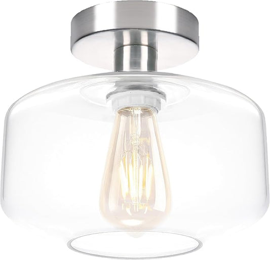 Semi Flush Mount Ceiling Lights, Industrial Ceiling Light, Glass Pendant Lamp Shade,12'' Inches Pendant Light Fixtures for Hallway, Entryway, Farmhouse, Kitchen (Sand Nickel)