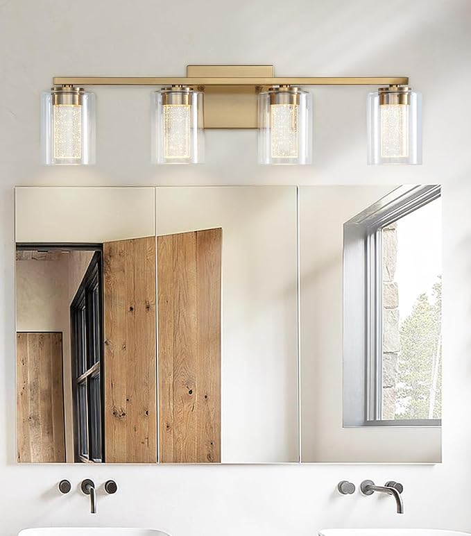 4-Light Gold Bathroom Vanity Light Fixture, Dimmable 5CCT Brushed Brass Bathroom Lights, 2700K-6500K Modern LED Wall Sconce Over Mirror with Clear Glass and Crystal Bubble
