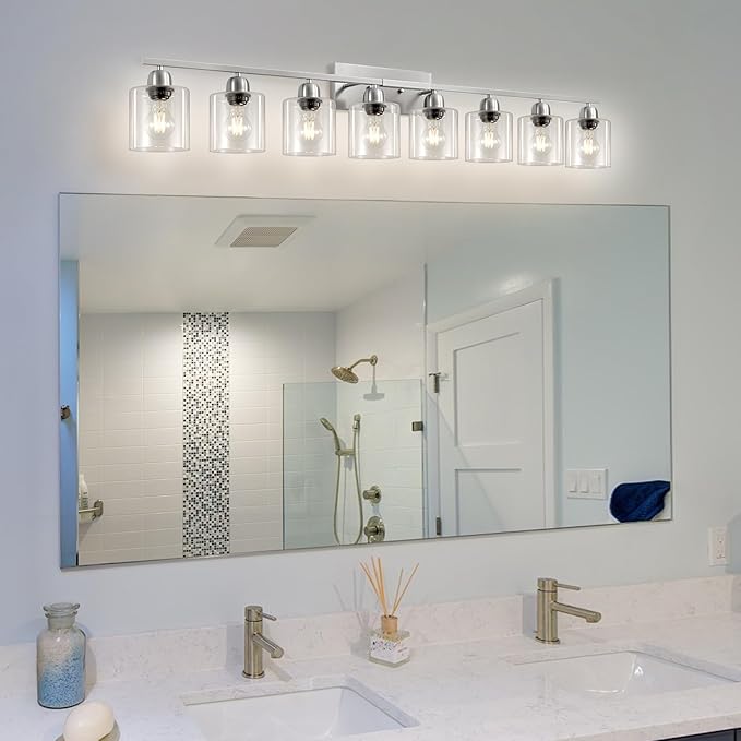 Brushed Nickel Light Fixture Bathroom, 8 Light Mirror Lights with Clear Glass, 51 inch Bathroom Mirror Lights for Oversized Mirrorss, E26 Socket