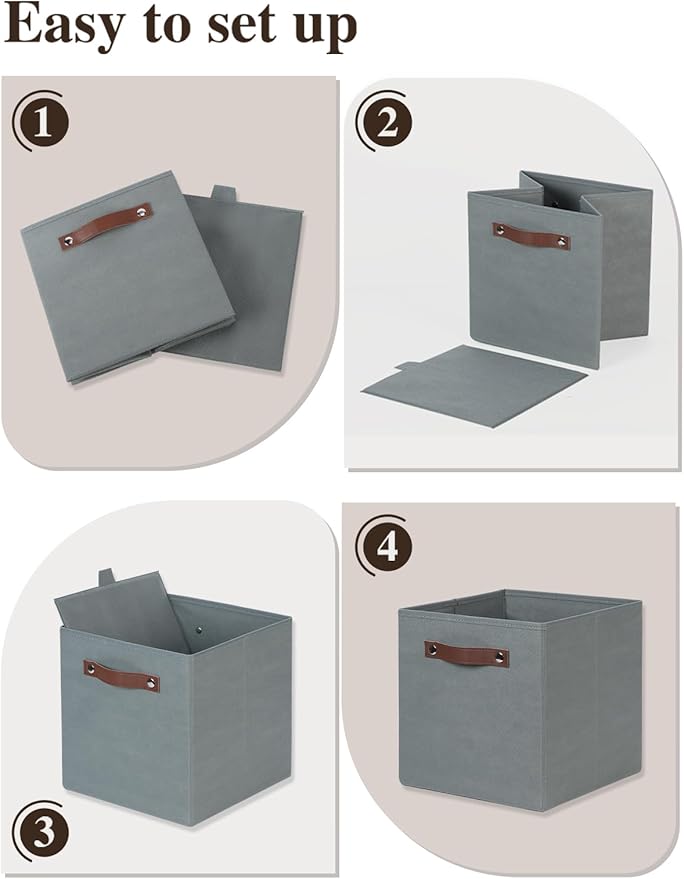 Temary 11x11 Storage Cubes Fabric Cube Storage Bins with Handles Clothes Storage Boxes Baskets for Organizing Home, Shelf, Closet (Grey, 11 x 11 x 11)
