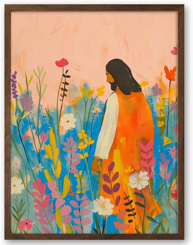 EcoHest Walnut Color OAK Wood Jesus Framed Wall Art, 12x16in The Wildflowers Bible Verse Christian Wall Art, Modern Bedroom Decor For Living Room Bathroom Religious Gift 1Pack