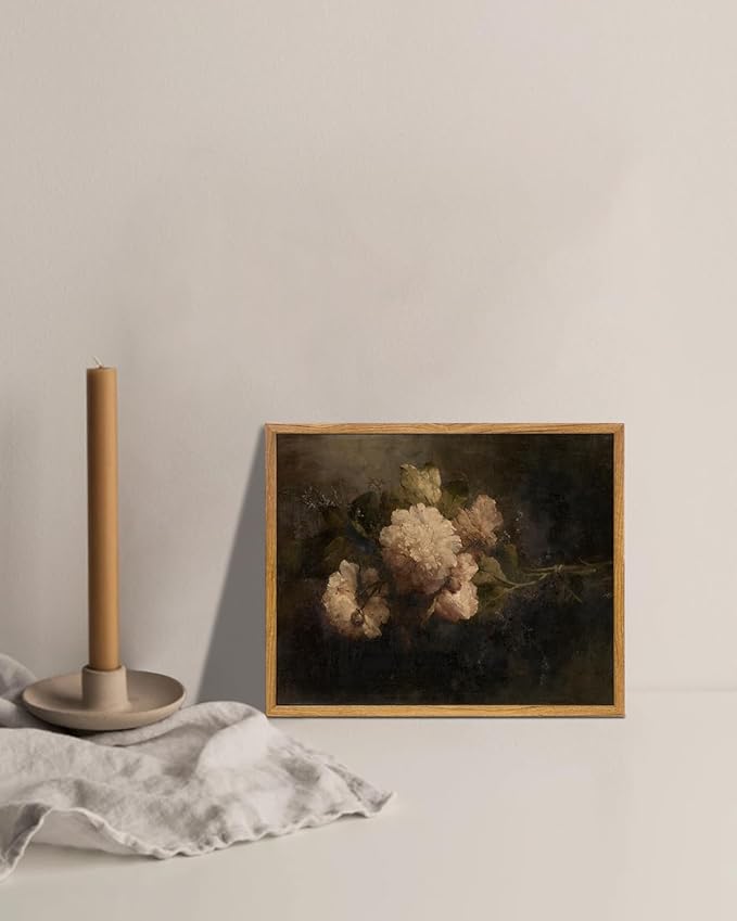 KBKBART Framed Canvas Wall Art Vintage Decor, Dark Vintage Still Life Flower Canvas Oil Painting, Classical Moody Peony Bouquet Prints for Wall Decor, Antique Floral Art Painting Victorian Decor Artwork for Bedroom Living Room Bathroom Gallery(8"x10")