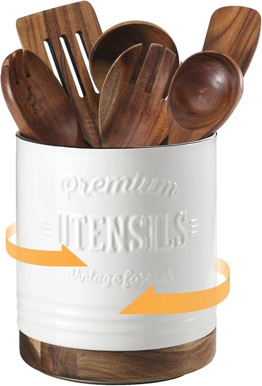DOWAN 360° Rotating Extra Large Cooking Utensil Holder, 7.6" Kitchen Utensil Holder for Countertop, Utensil Crock for Farmhouse Kitchen Decor, Ceramic Stable Utensil Caddy, White Text