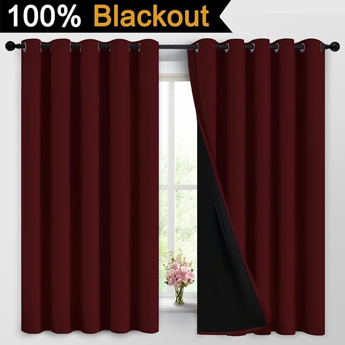 Yakamok 100% Blackout Curtains for Living Room, Noise Reducing Drapes,Thermal Insulated Blackout Curtains for Bedroom(62Wx63L, Burgundy Red, 2 Panels)