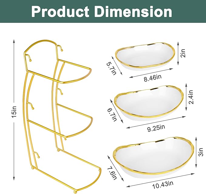 3 Tier Fruit Bowl for Kitchen Counter, Ceramic Serving Bowls with Gold Metal Stand, Tiered Fruit Basket Display Rack for Fruits Vegetable Snack Nuts Cake Dessert Storage