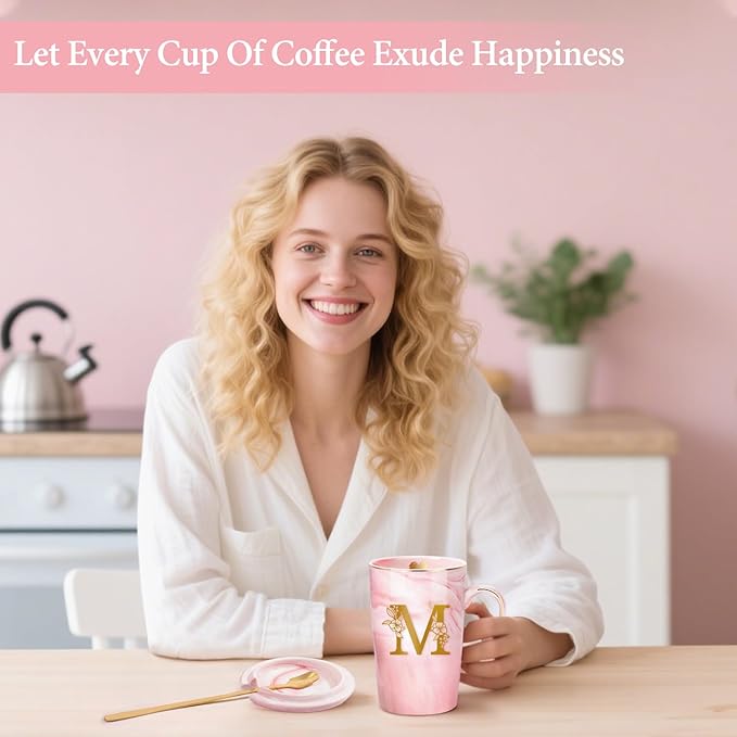 Coffee Mugs - Birthday Gifts for Women, Personalized Initial Customized Mug 14 Oz PinkTea Cup with Lid Spoon Greeting Card, Luxury Gift-Boxed Christmas Gift for Her Wife Mom Grandma Friend Unique,M