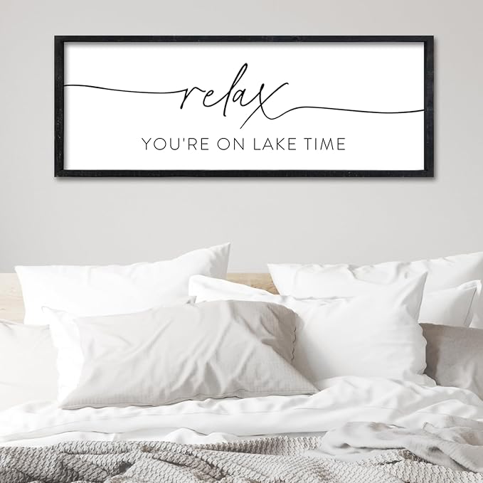 Surfapans Lake House Wall Decor Relax You're On Lake Time Sign 32"×12" for Bedroom Above Over Bed Lakeside Retreat Living Room Minimalist Large Wood Framed Horizontal Wall Hanging Art (Black)