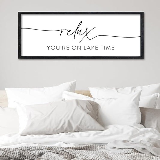 Surfapans Lake House Wall Decor Relax You're On Lake Time Sign 32"×12" for Bedroom Above Over Bed Lakeside Retreat Living Room Minimalist Large Wood Framed Horizontal Wall Hanging Art (Black)
