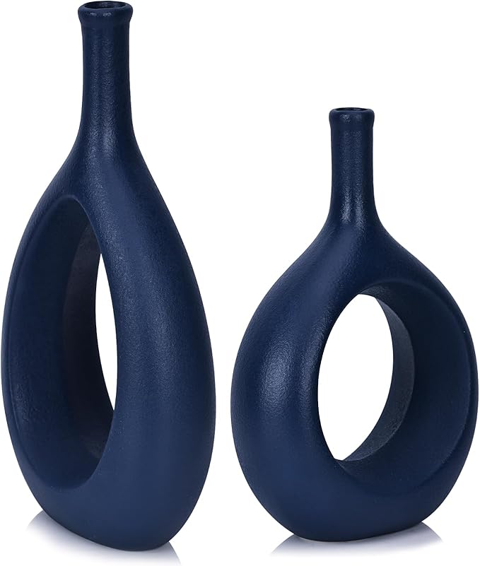 Navy Blue Ceramic Hollow Elliptical Vase Set of 2 - Boho Circle Vase with Hole, for Modern Navy Blue Table Decor, Living Room Decor Shelf mid Century Modern Home Entrance Decorative vase