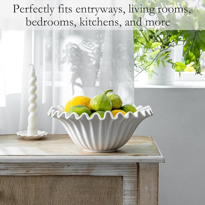 Large Decorative Bowl, 10 inches Porcelain Fruit Bowl for Kitchen Counter HandCrafted Ruffle Bowl for Home Decor Stylish Flower Dish for Party, White