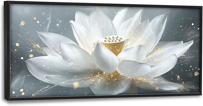 Olivine Zen Wall Art, Lotus Pictures Wall Decor, White and Golden Lotus Painting Flower Canvas Prints, Framed Artwork for Bedroom Bathroom Living Room Dining Room Office Home Decoration 60"x30"