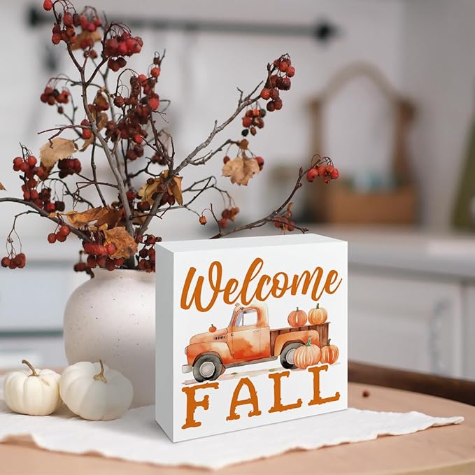 Welcome Fall Wood Sign, Pumpkin Harvest Truck Decor, Front Door Shelves Decoration, Farmhouse Home Decor, Autumn Thanksgiving Decors, Decorative Wooden Table Signs, Rustic Wooden Box Sign A16