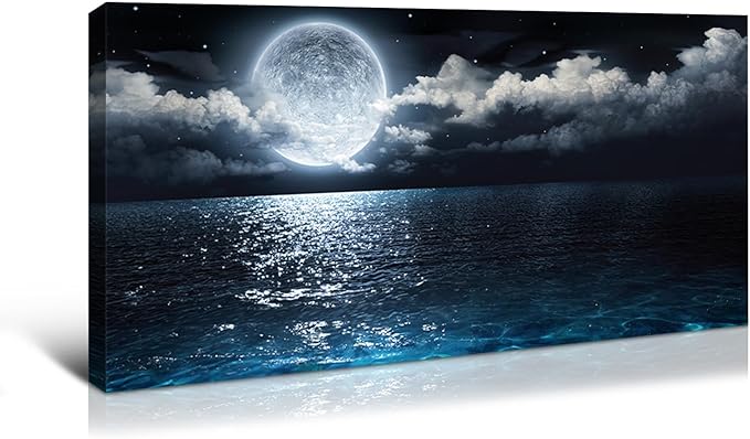 Dimpoli Moon Sea Ocean Canvas Wall Art, Night Sky Full Moon Landscape Artwork Decorations for Home Living Room Decor 40x20 Inches
