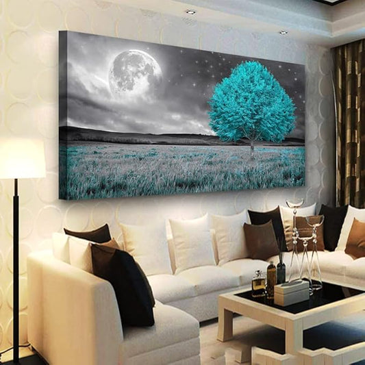 Tree of Life Wall Art Canvas Prints Natural Landscape Picture Home Decor Full Moon and Blue Tree Paintings for Living Room Bedroom Bathroom Kitchen Office Decorations 24x48 Wooden Frames Artwork