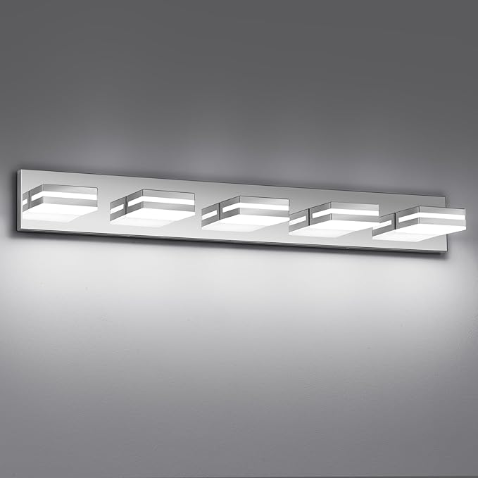 Modern LED Bathroom Lights Fixtures(5-Light),Metal Chrome Acrylic Wall Lighting,Vanity Lights for Bathroom Over Mirror(6000k 34In)