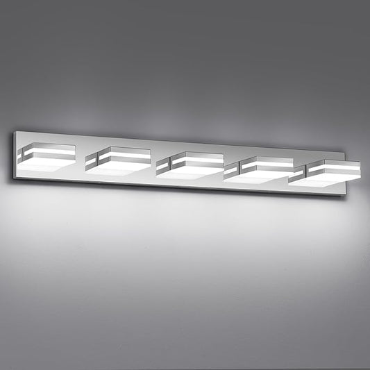 Modern LED Bathroom Lights Fixtures(5-Light),Metal Chrome Acrylic Wall Lighting,Vanity Lights for Bathroom Over Mirror(6000k 34In)