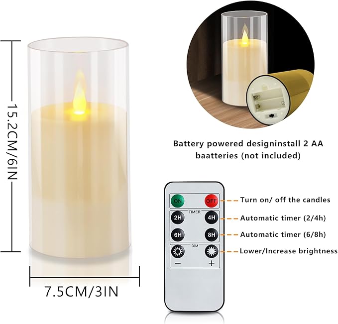 2 Pcs Flameless Candles with Remote and Timer(D3 xH6), Pure White Flickering Battery Operated Acrylic LED Pillar Candles, Electric Fake Candles for Holiday Wedding Home Party Fireplace Décor