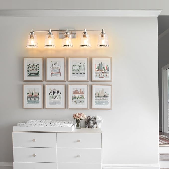 Brushed Nickel Bathroom Vanity Light Fixture, 5 Light Bathroom Light Fixtures Over Mirror with Clear lampshade and Metal Base Sconce, 37 inch Modern Vanity Light for Bathroom(Exclude E26 Bulb)
