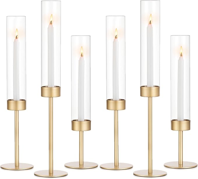 Glass Hurricane Candlestick Holders Gold - Romadedi Set of 6 Taper Candle Holder Bulk Tall Clear Glass Cylinder Table Centerpiece Wedding Decor Party Birthday Christmas Home Decorations