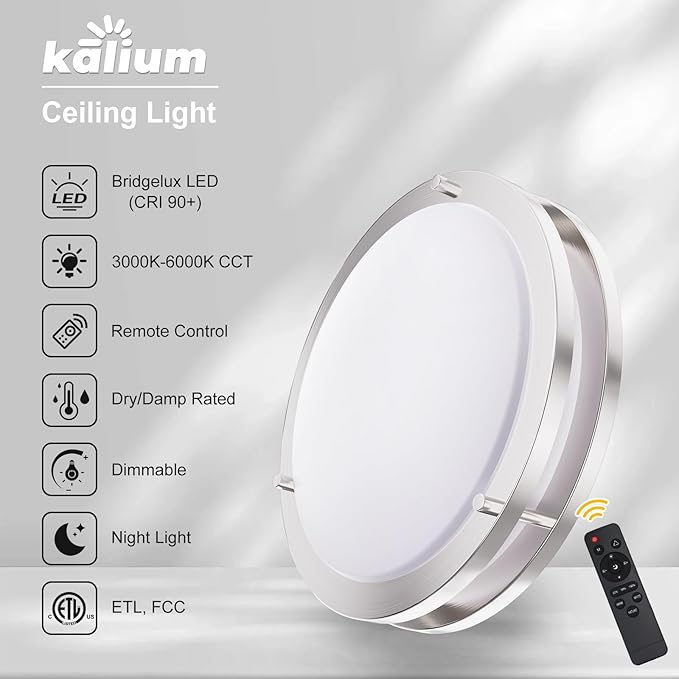 Kalium LED Ceiling Light with Remote 16 Inch Flush Mount Ceiling Light Fixture, 32W 3000K-6000K Adjustable Color Temperature, Dimmable Lighting Fixtures for Kitchen Bedroom Hardwired Installation