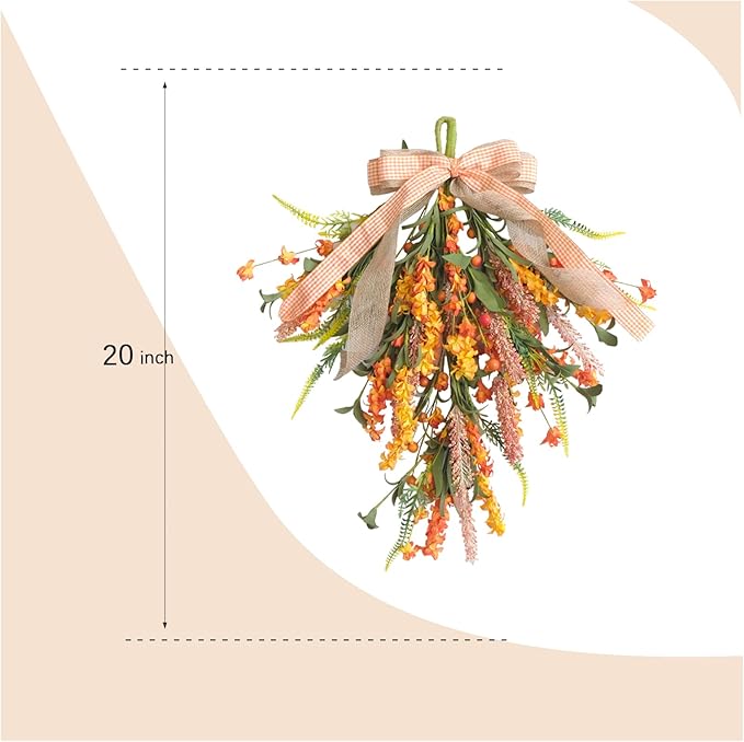 Set of 2 PCS Fall Swags with Artificial Flowers Berries for Front Door, Autumn Fall Teardrop for Indoor Outdoor, Harvest Thanksgiving Teardrops for Mailbox